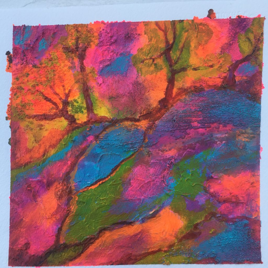 Colorful acrylic painting of a tree branch