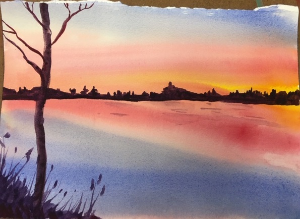 Watercolor painting of a sunset on the lake